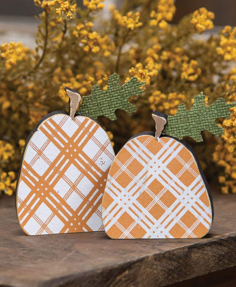 Hearthside Fall Decor - Small Prim Brown Orange Plaid Wood Pumpkin Sitters 2pc