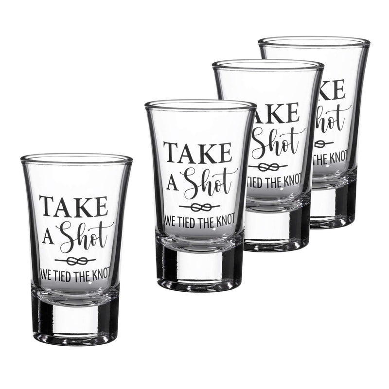 Lillian Rose Tied The Knot Wedding Day Shot Glass Favors Set of 4, 4 Count (Pack of 1), Clear