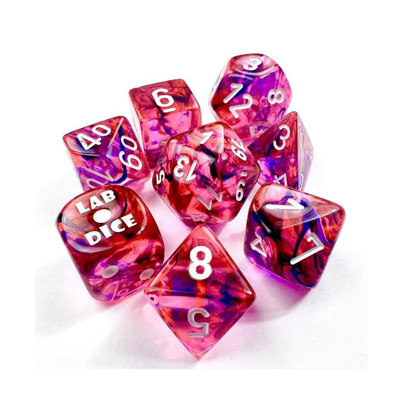 Red Nebula Black Light Special Dice with White Numbers 7+1 Dice Set 16mm (5/8in) Chessex