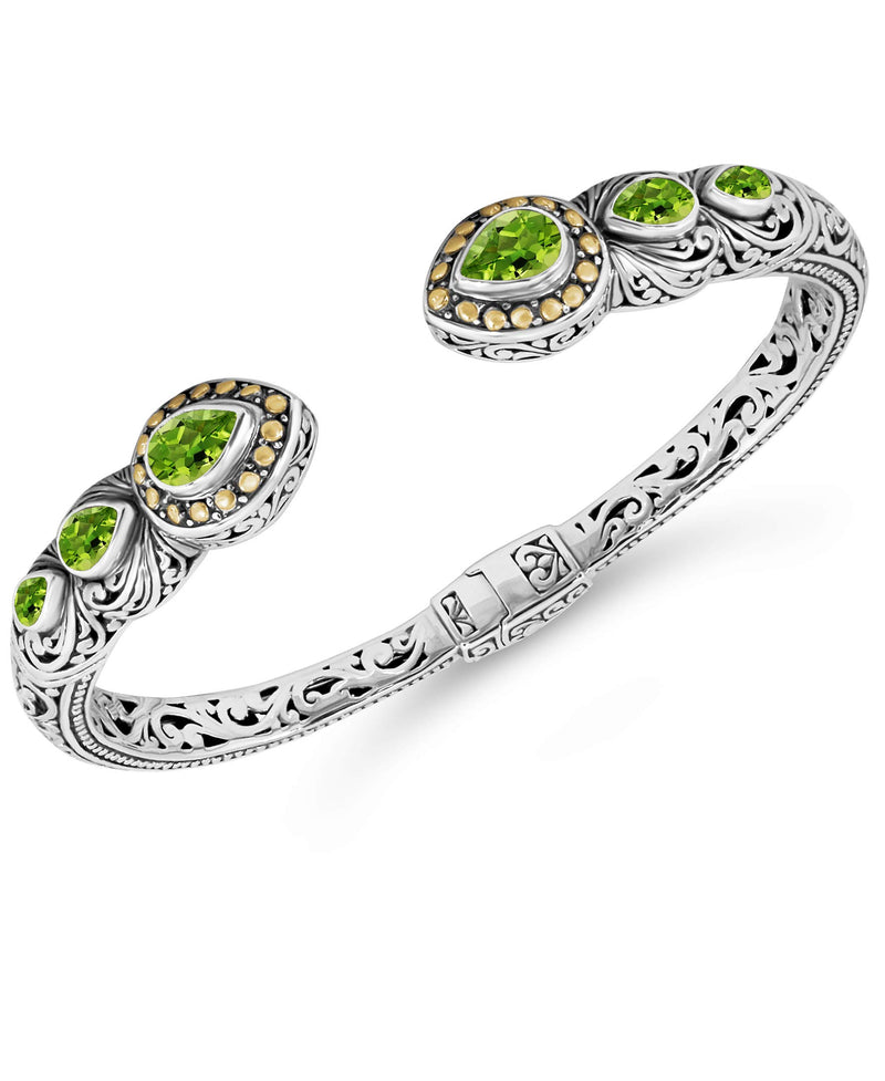 Sterling Silver 925 and 18K Gold with Peridot DEVATA Bali Filigree Cuff Bracelet DHK3226PE (Size S)