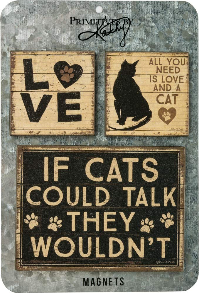 Primitives by Kathy Rustic Style Magnets, Set of 3, All You Need is Love and a Cat