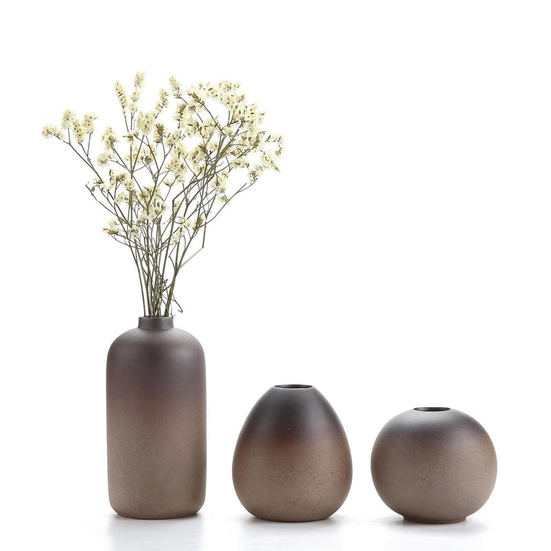 ComSaf Small Ceramic Flower Bud Vases Set of 3, Modern Style Simple Design Metallic Gradually Varied Brown Color Elegant Home Office Living Room Table Desk Decoration for Wedding Home Visit