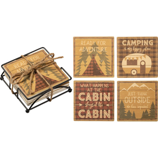 Primitives by Kathy Camping is My Happy Place; Ready for Adventure; Just Think Outside No Box Required; What Happens at The Cabin Stays at The Cabin Decorative Coaster Set