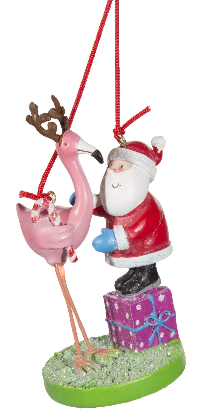 Cape Shore Christmas Ornament- Santa Standing On A Present Next to Flamingo