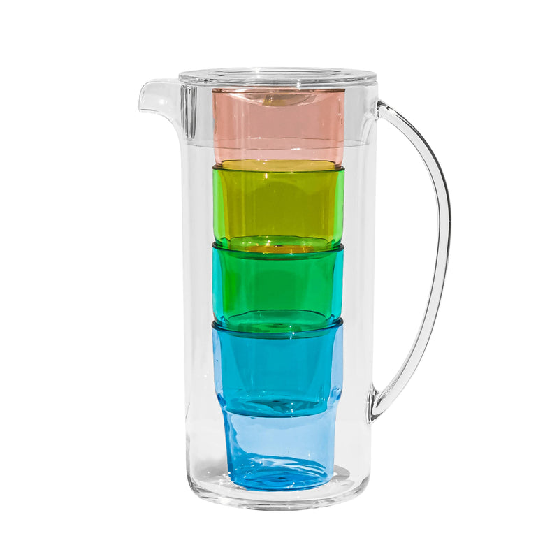 TarHong Simple Stacked Nested Pitcher Set with 4 Assorted Color Glasses, 91-Ounce, Premium Plastic, 5 Piece Set