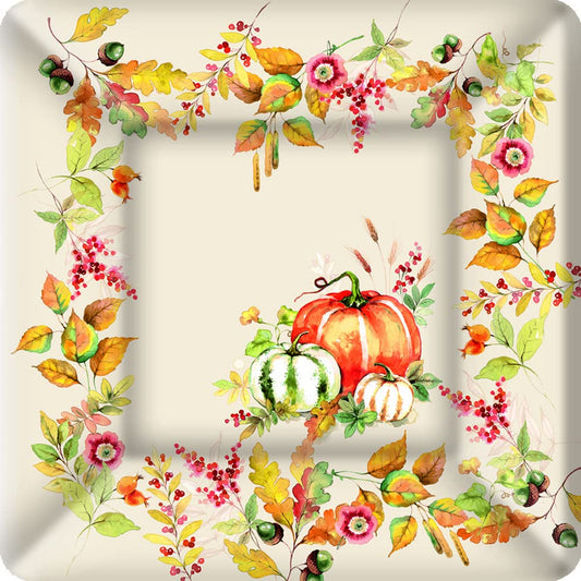 Ideal Home Range IHR Paper Plates Square Dinner Size, 8-Count, 10 x 10-Inches, Pumpkin Love Cream