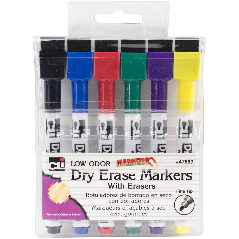 Charles Leonard Magnetic Dry Erase Markers with Erasers, Pack of 6