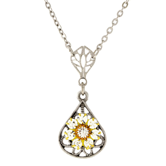 1928 Jewelry Yellow Flower Crystal Cluster Teardrop Filigree Pendant Necklace 16" + 3" Extender