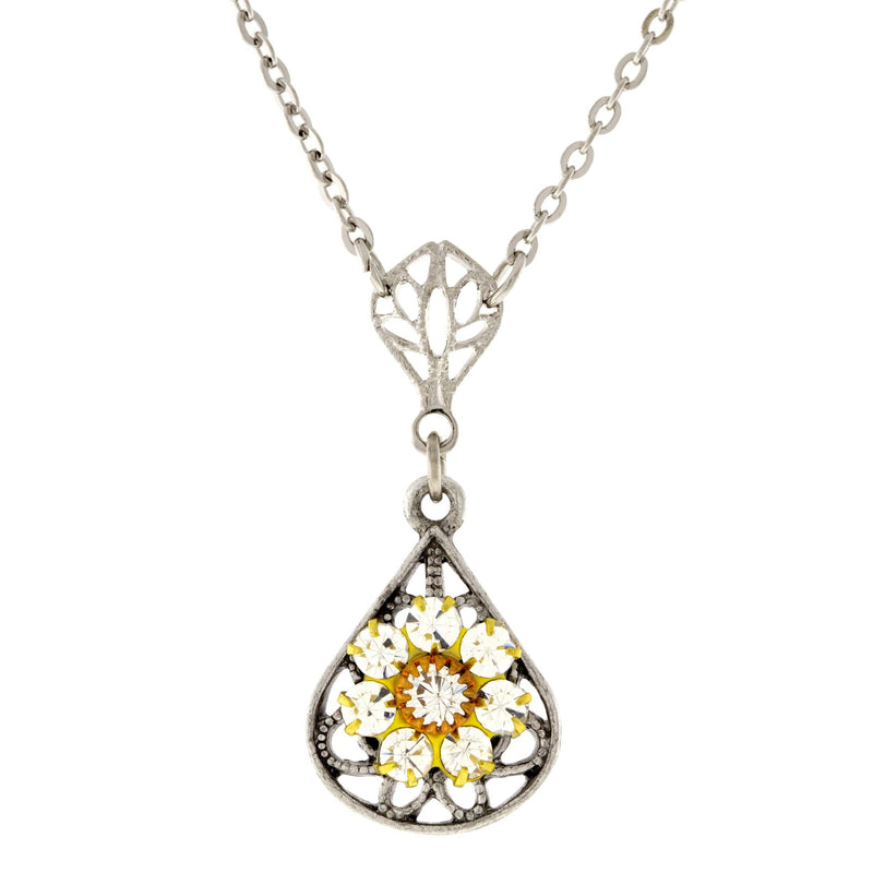 1928 Jewelry Yellow Flower Crystal Cluster Teardrop Filigree Pendant Necklace 16" + 3" Extender