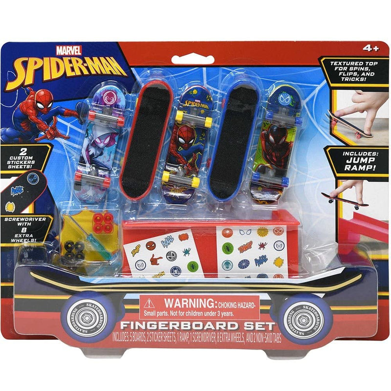 Marvel Spider-Man Fingerboard Decks Set - Spiderman Mini Finger Skateboards for Kids Skateboarding, Skateboard Fingerboard Set for Boys and Girls Includes 5 Finger Boards, Stickers and Skate Ramp