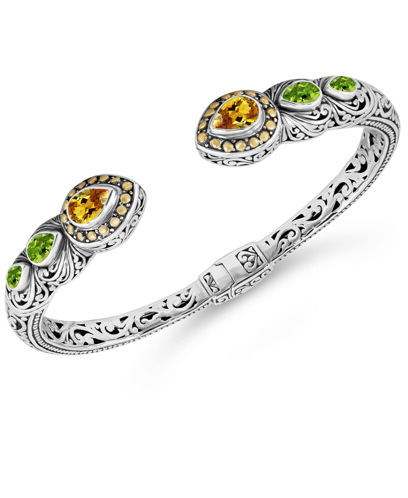 Sterling Silver 925 and 18K Gold with Citrine and Peridot DEVATA Bali Filigree Cuff Bracelet DHK3226CTPE (Size L)