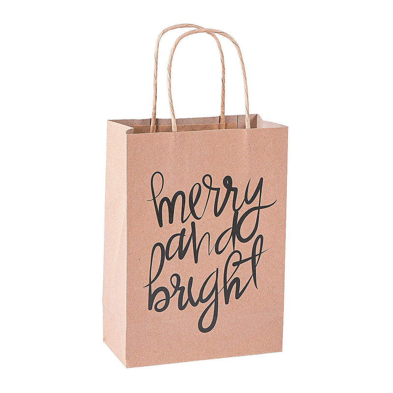 Fun Express 12 Xmas Gift Bags: Medium Kraft Paper Merry and Bright-6 1/2" x 3" x 9"