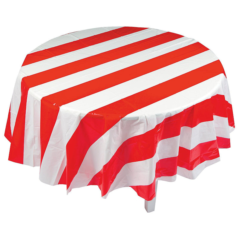Fun Express Red & White Striped Round Plastic Tablecloth - Party Supplies - 1 Piece