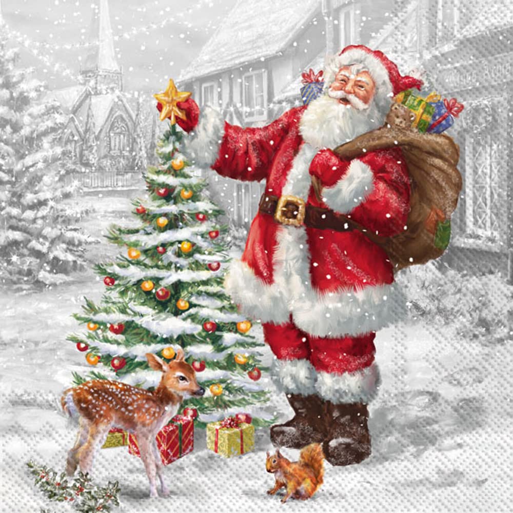 IHR Ideal Home Range Party Disposable 3-Ply Paper Lunch Napkins, 6.5" x 6.5", Santa's Xmas Tree