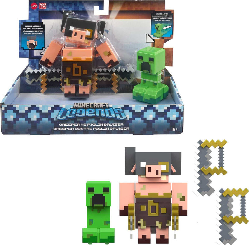 Minecraft Legends Action Figure 2-Pack, Creeper Vs Piglin Bruiser Set, Attack & React Collectible Toys, 3.25-Inch