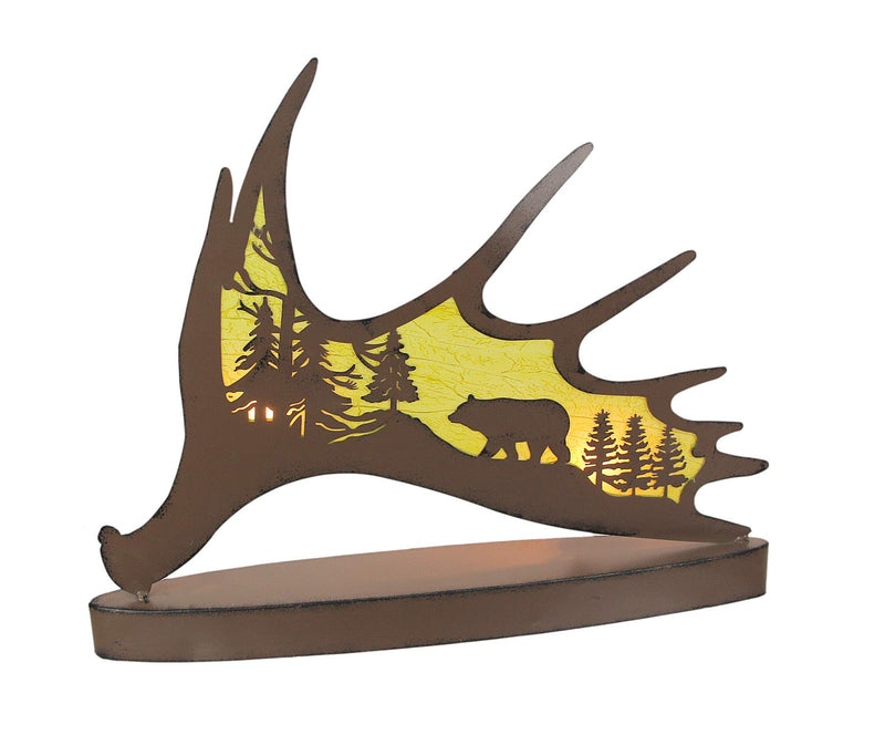 Rustic Brown Finished Metal Black Bear On Moose Antler Silhouette Ambient Light Accent Lamp Lodge Decor
