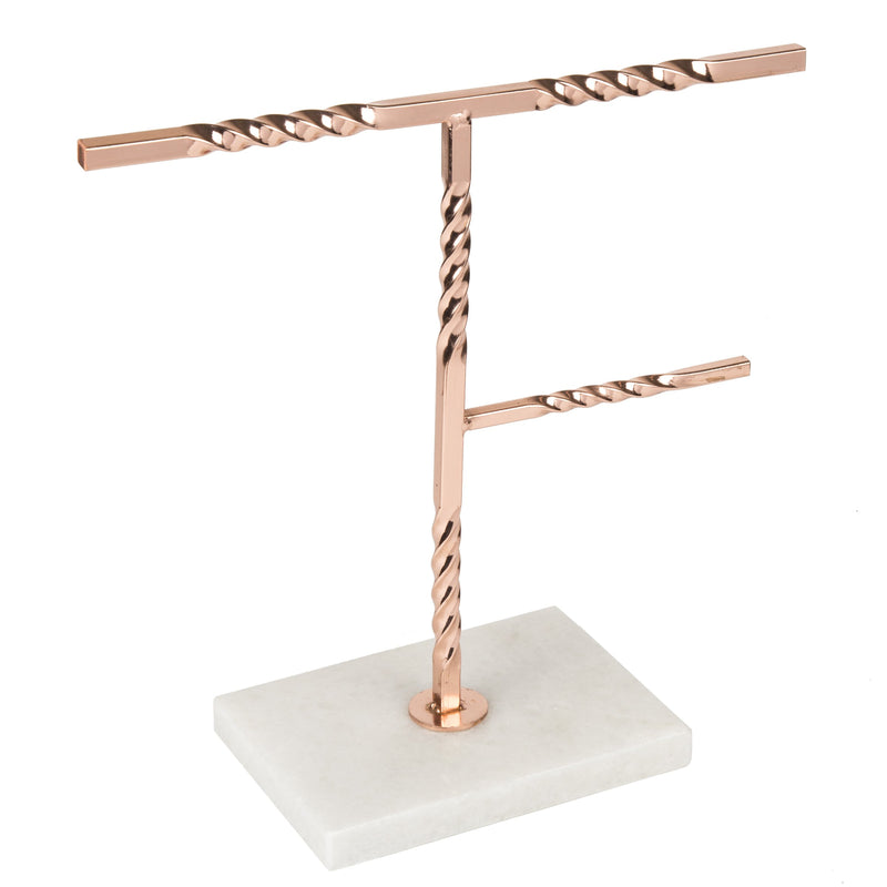 Creative Home Jewelry Tree Stand Accessory Organizer with Natural Stone Marble Base Copper Plated Hanger Pole, 9.9" x 4" x 6.2" H, Off-White