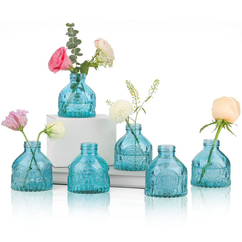 ComSaf Glass Bud Vases Set of 6, Small Vintage Flower Bottle, Petite Glass Flower Vase for Floral Arrangements, Decorative Centerpiece for Home Wedding Party Event Office, Modern Decor, Green