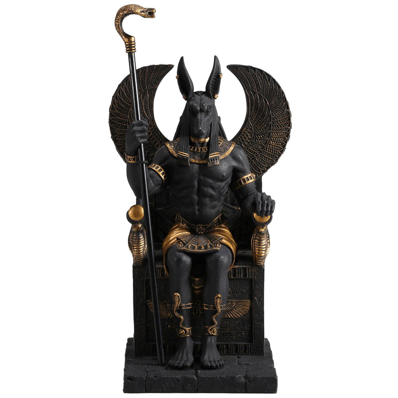 Veronese Design 10 5/8 Inch Egyptian God Anubis Sitting On Throne Resin Black Gold Painted Finish Sculpture