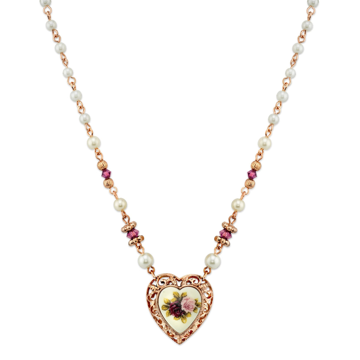 1928 Jewelry Rose Faux Pearl Purple Flower Heart Necklace 15" + 3" Extender