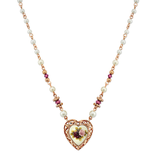 1928 Jewelry Rose Faux Pearl Purple Flower Heart Necklace 15" + 3" Extender