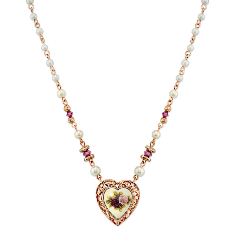 1928 Jewelry Rose Faux Pearl Purple Flower Heart Necklace 15" + 3" Extender
