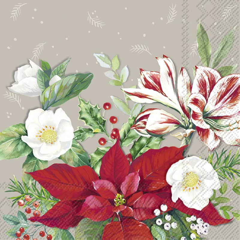 IHR Ideal Home Range Cocktail Disposable 3-Ply Paper Beverage Napkins, 5" x 5", Christmas Florals Grey