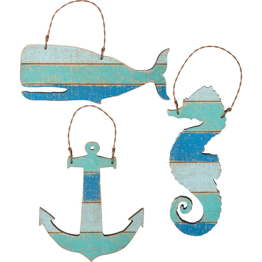 Primitives by Kathy Slat Sea Creatures Hanging Ornament Set of 3