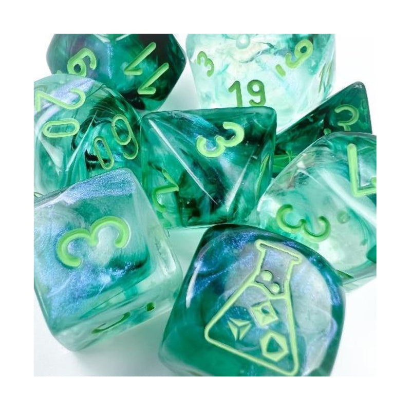 Borealis Kelp Luminary Dice with Lt Green Numbers 7+1 Dice Set 16mm (5/8in) Chessex