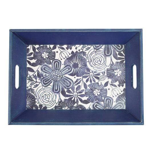 18in Wood Tray Navy and White Floral