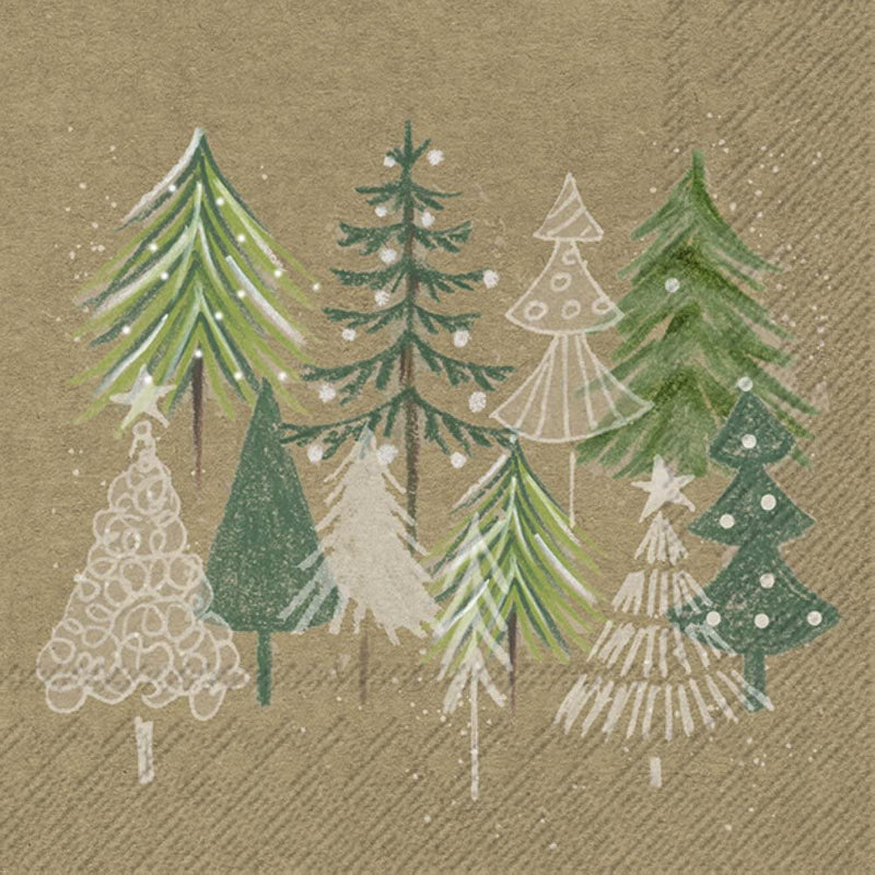 IHR Ideal Home Range Cocktail Disposable 3-Ply Paper Beverage Napkins, 5" x 5", Green Xmas Trees White Green