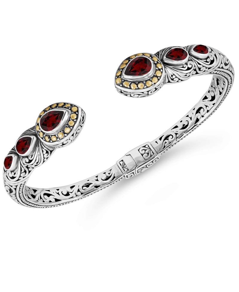 Sterling Silver 925 and 18K Gold with Garnet DEVATA Bali Filigree Cuff Bracelet DHK3226GA (Size S)