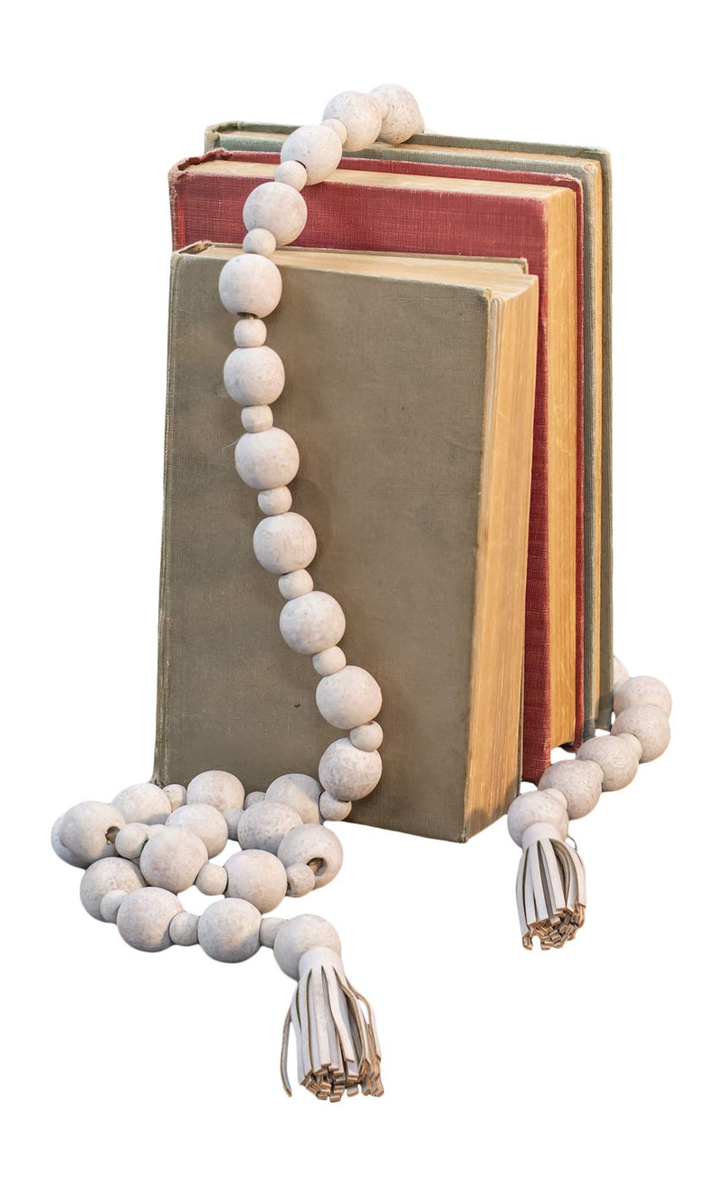 CWI Distressed Wooden Bead Garland with Leather Tassels - Prayer Beads and Tiered Tray Decorating - White