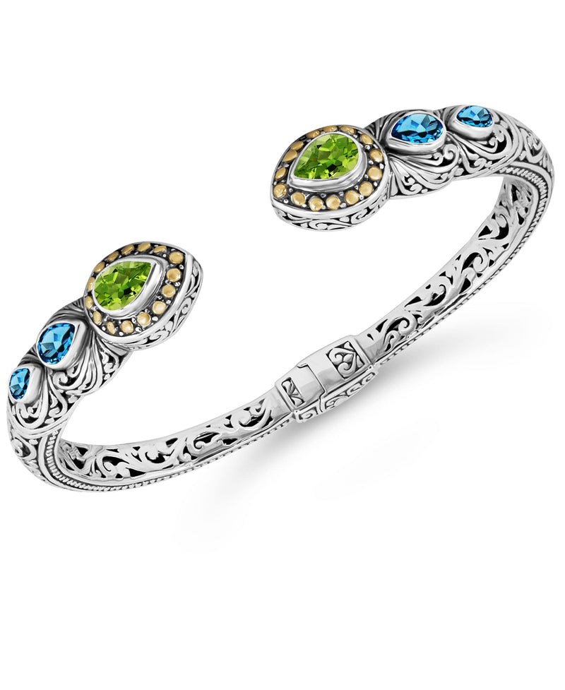 Sterling Silver 925 and 18K Gold with Peridot and Swiss Blue Topaz DEVATA Bali Filigree Cuff Bracelet DHK3226PESW (Size M)