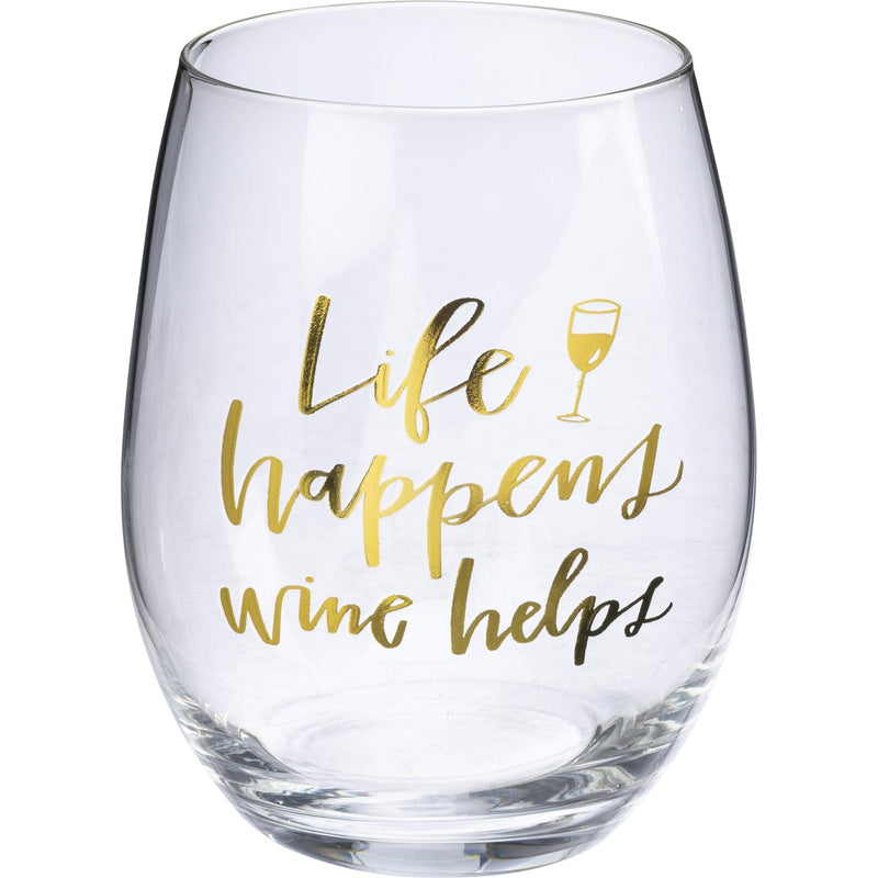 Stemless Wine Glass "Life Happens Wine Helps" 15 fl oz.