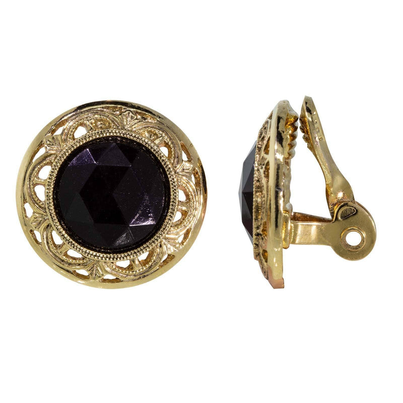 1928 Jewelry Round Black Faceted Stone Clip Earrings