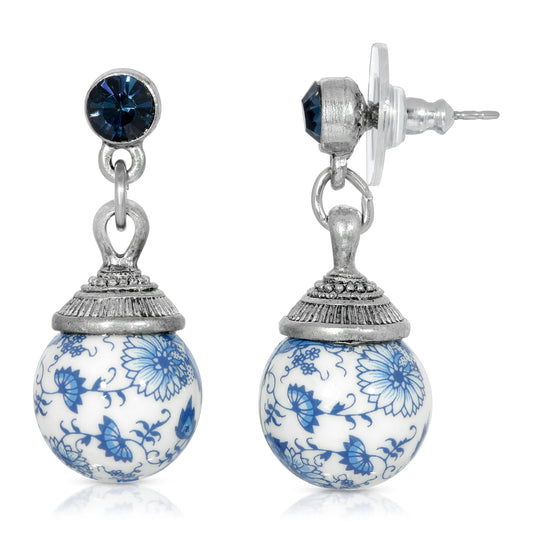 1928 Jewelry Round Blue Willow Beaded Post Drop Earring