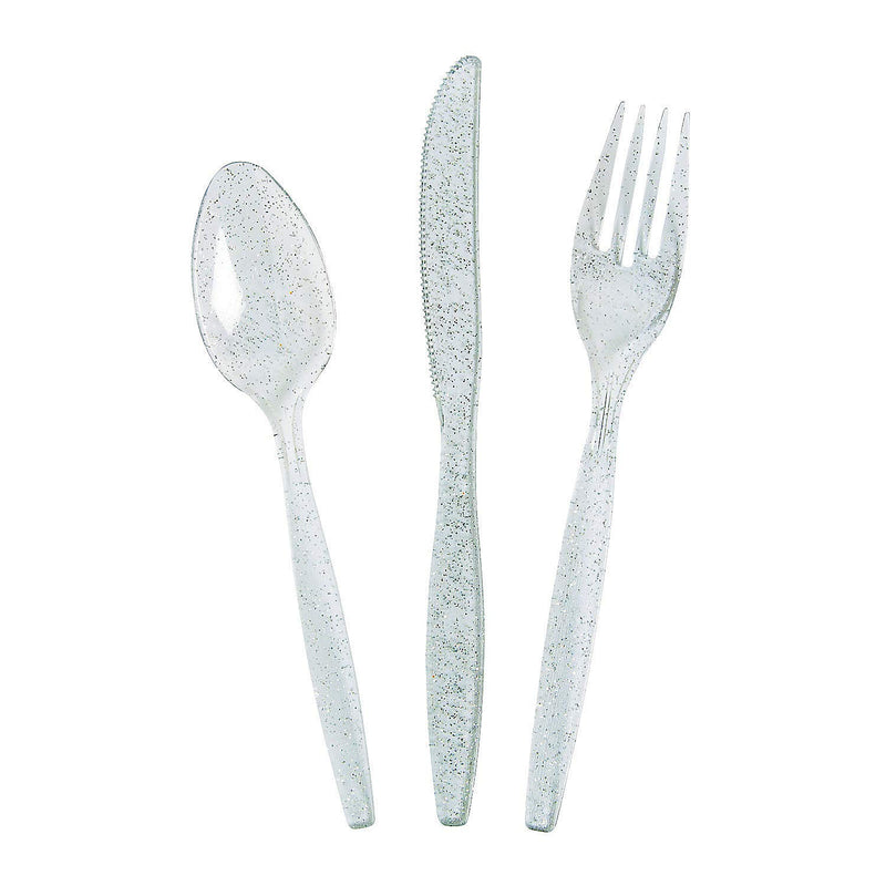 SILVER GLITTER CUTLERY SET (48 PCS) - Party Supplies - 48 Pieces