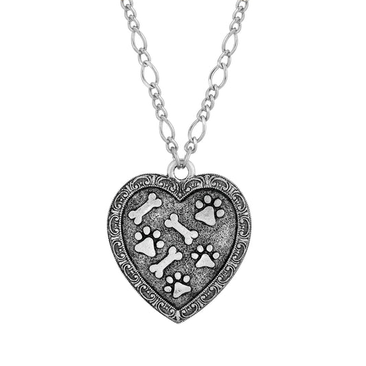 1928 Jewelry Antiqued Pewter Paw And Bones Heart Necklace 28 Inch