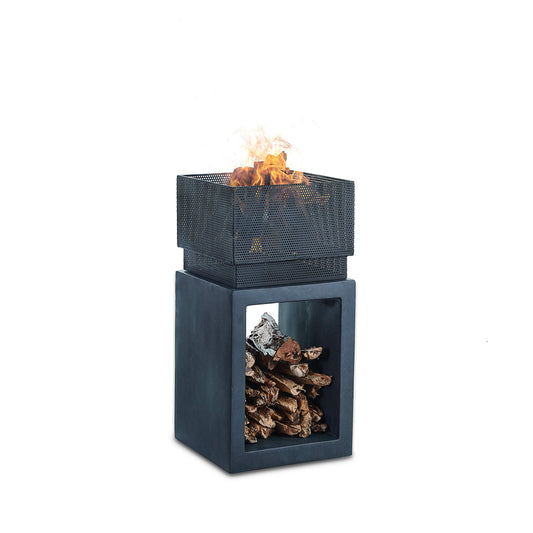 Danya B. TFE979756 Outdoor Rectangular Wood Burning Fire Pit for Backyard or Patio – Metal Fire Bowl with Built-in Faux Stone Firewood Holder/Rack