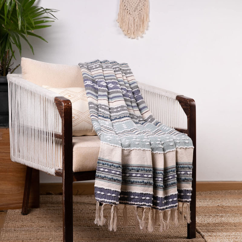 Quintessential Textiles Natural Cotton & Acrylic Throw Blanket with Fringes for Couch, Bed & Sofa, 50 x 60 Inch, Multicolor