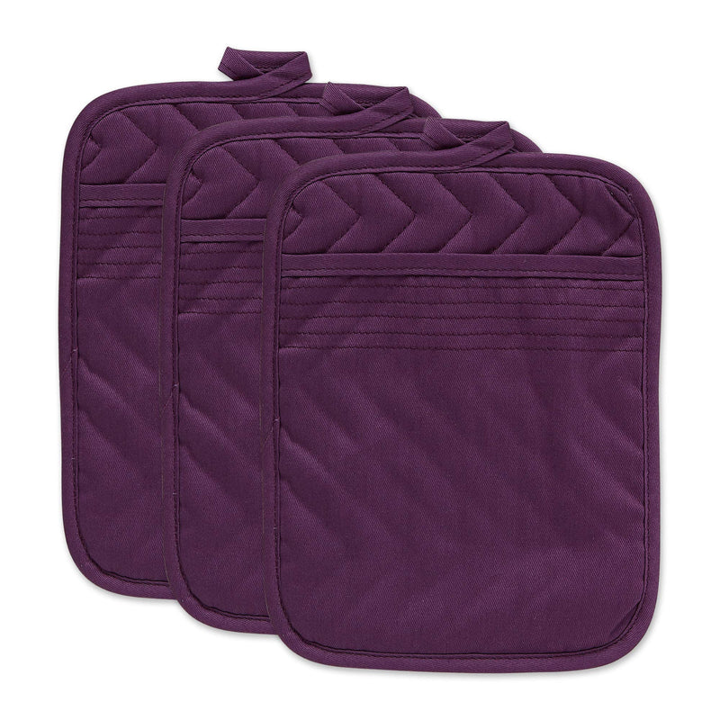 DII Heat Resistant Quilted Cotton, Pocket Potholder, 7x9, Eggplant, 3 Piece