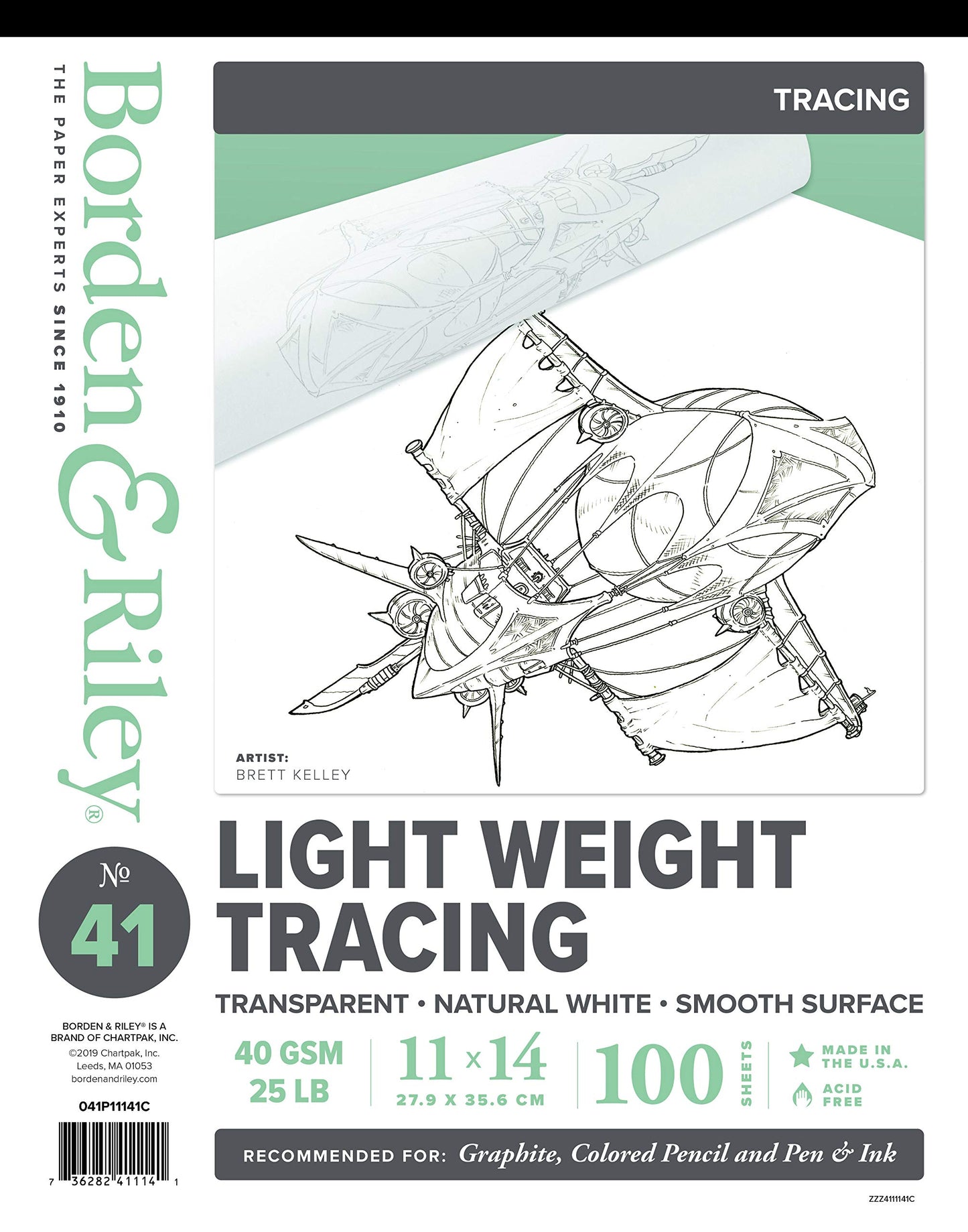 Borden & Riley #41 Monroe Triple T Parchment Tracing/Light Paper Pad, 11" x 14", 25 lb, 100 White Sheets, 1 Pad Each (041P11141C)