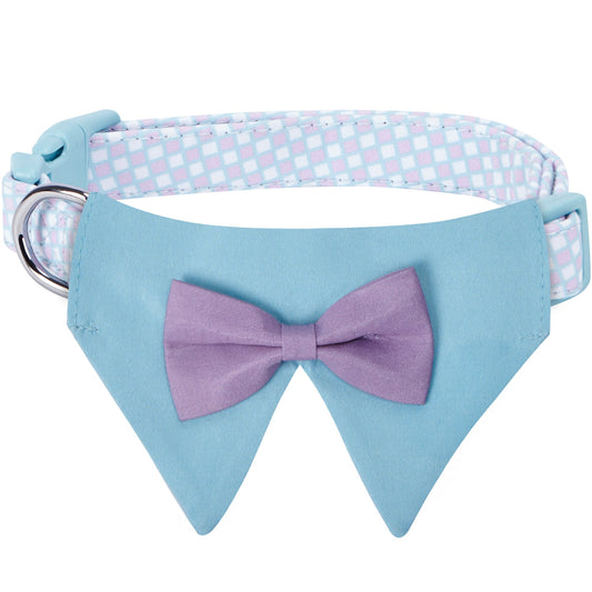 Blueberry Pet 5 Patterns Sophisticated Pastel Blue Checker Adjustable Dog Bandana Collar with Bow Tie, Small, Neck 12"-16"