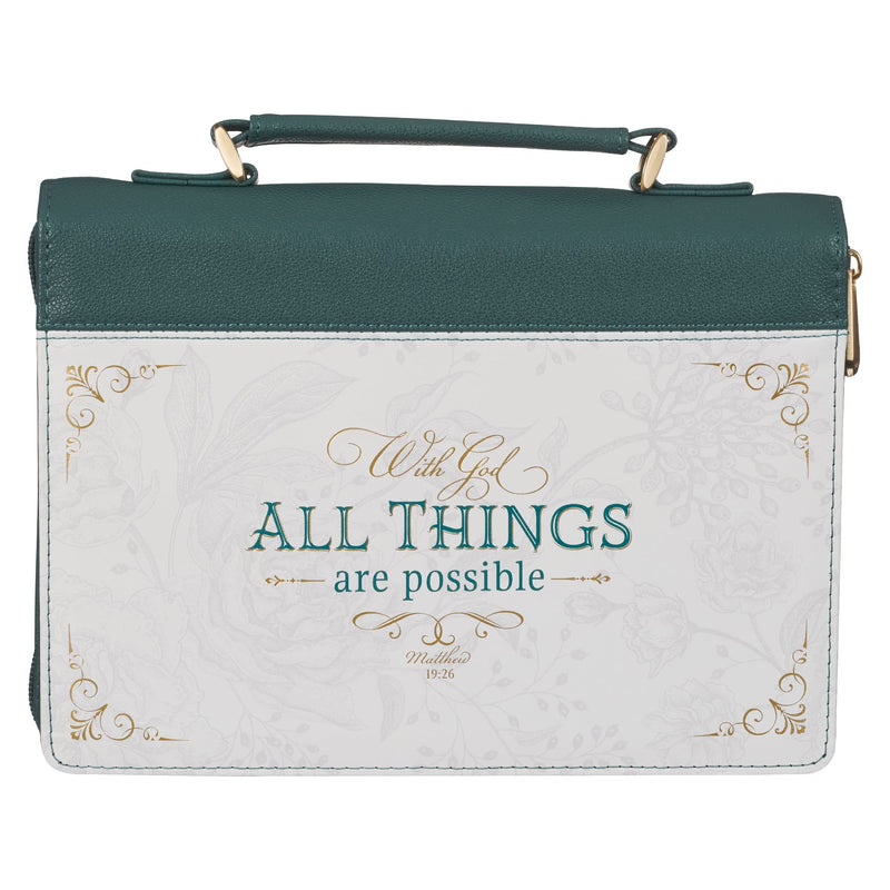 Christian Art Gifts Fashion Teal Bible Cover for Women: All Things are Possible - Mat. 19:26 Inspirational Scripture, Vegan Leather Book Carry Case w/Sleeves, Gold Zip, Pocket & Pen Storage, Medium