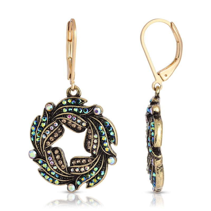 1928 Jewelry Art Nouveau Style Blue Iridescent AB Glass Wreath Drop Earrings