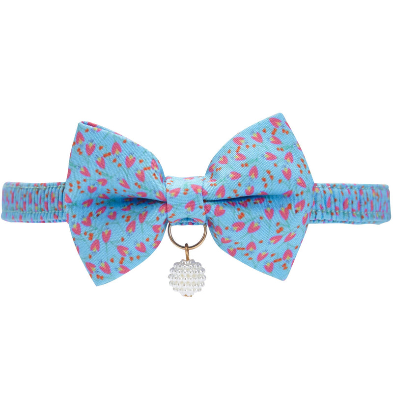Blueberry Pet 18 Patterns Blue Tulip Floral Breakaway Bowtie Cat Collar Choker Necklace with Handmade Bow Tie and Pearl Charm, Safety Elastic Stretch Collar for Cats, Neck 8.5"-12"