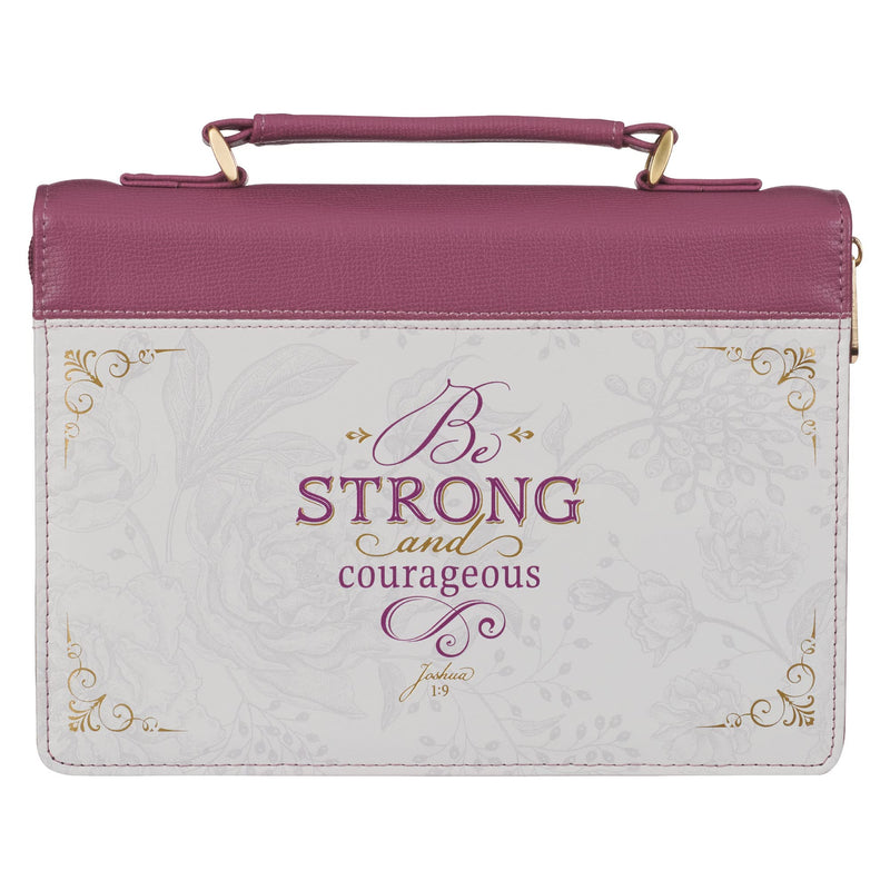 Christian Art Gifts Plum Pink Fashion Bible Cover for Women: Be Strong & Courageous - Joshua 1:9 Inspirational Scripture, Vegan Leather Book Carry Case w/Sleeves, Zipper, Pocket & Pen Storage, Medium