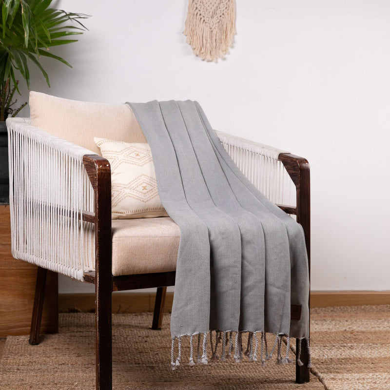 Quintessential Textiles Handwoven Twill 100% Cotton Throw Blanket with Fringes for Couch, Bed & Sofa, 50 x 60 Inch, Gray