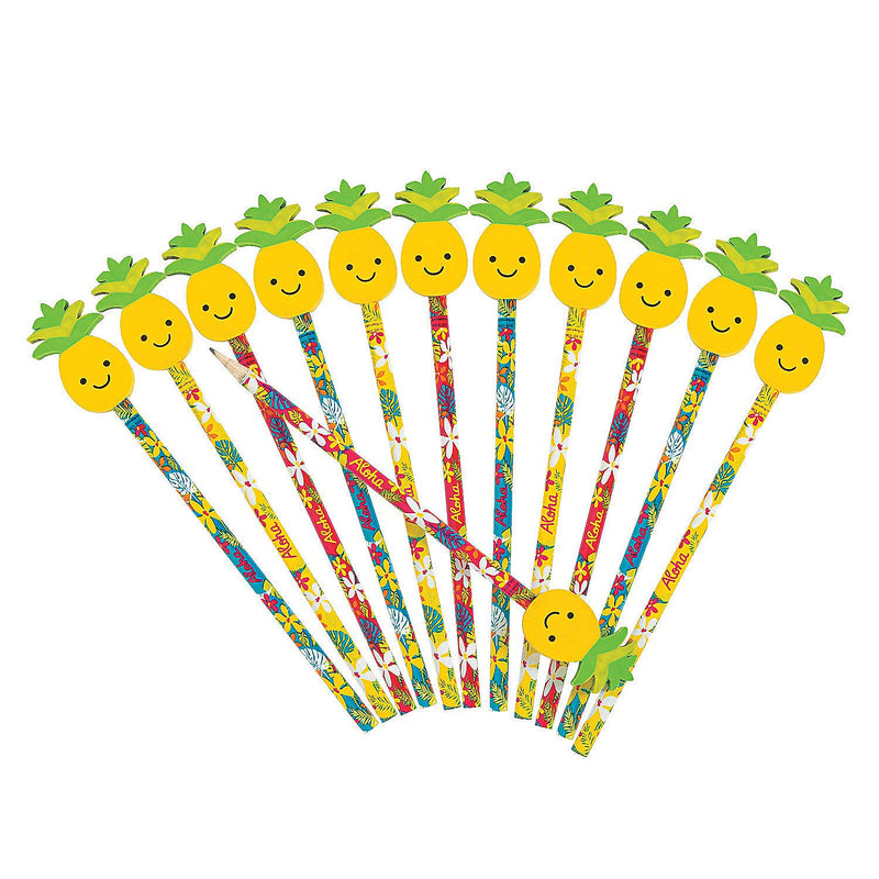 Fun Express Luau Tropical Pencil with Pineapple Eraser Topper (1 Dozen) Classroom Supplies, Giveaways, Party Favors, Beach Party Decorations